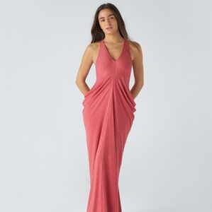 Deep V Neck Backless Racerback Stacked Ruched Maxi Casual Dress